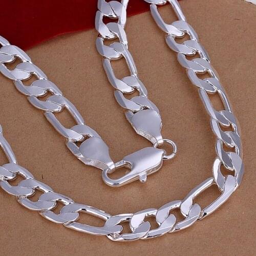 Free Shipping Hot 925 sterling silver jewelry Mens 12mm three a chain 20-inch simple lobster claus Figaro necklace