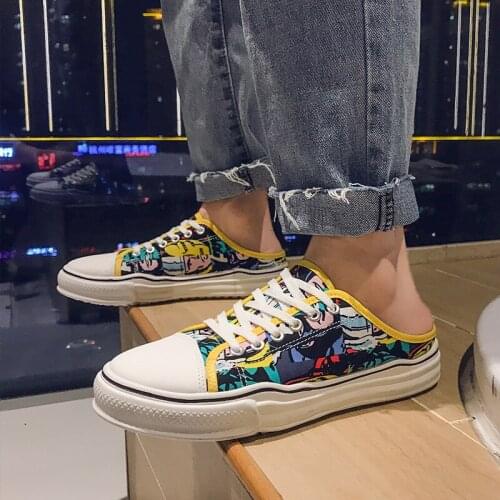 New Fashion Graffiti Summer Mens Shoes Casual Colorful Print Slip On Loafers Men Half Canvas Shoes Breathable Flat Sneakers Man