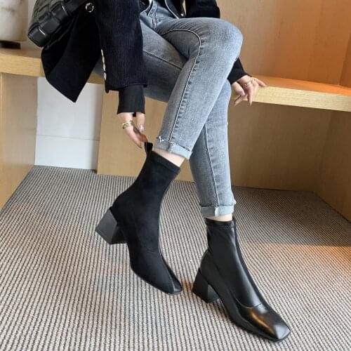 2020 spring and autumn new all-match leather stitching Martin boots fashion square toe thick and thin single boots female X382