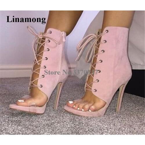 New Fashion Women Open Toe Pink Suede Leather Lace-up Short Gladiator Boots Cut-out One PVC Strap High Heel Ankle Booties