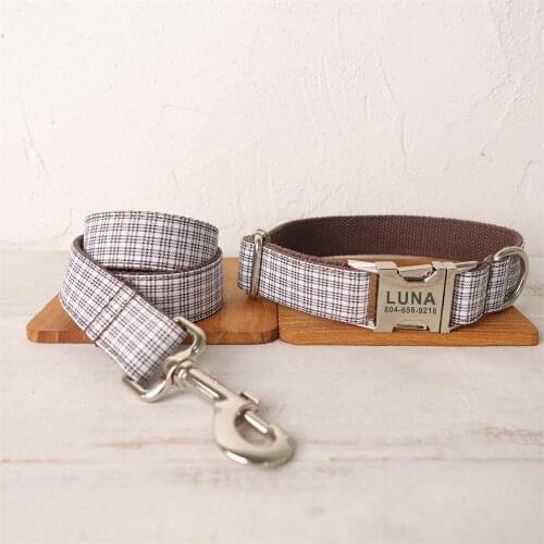 Personalized Dog Collar Custom Pet Collar Free Engraving ID Name Tag Pet Accessory Brown White Plaid Puppy Collar Leash Set