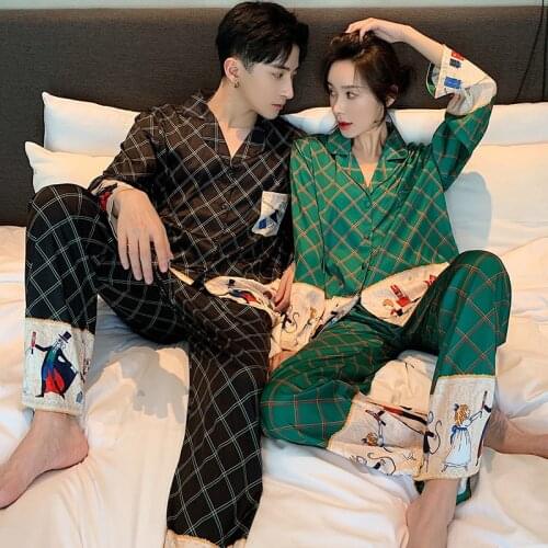 Unisex Adult Couple Pajamas Summer Long-sleeved 2 Pieces Ice Silk Female Cartoon Pajamas Set Long Sleeve Men Home Service Suit