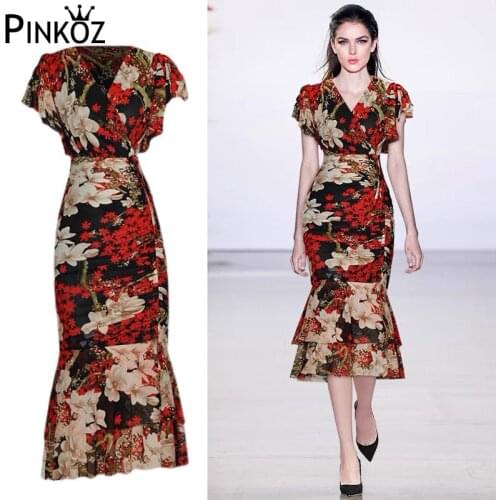 Pinkoz summer red flower printed v-neck slimy ruffles splited midi dress for women bodycon chiffon sexy night club dresses chic
