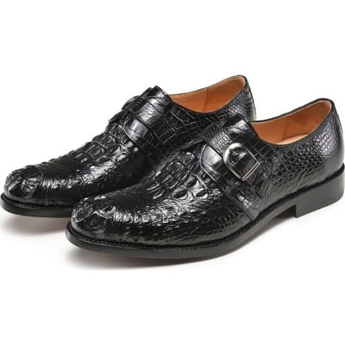 Authentic Real Crocodile Skin Buckle Strap Businessmen Black Dress Shoes Genuine Alligator Leather Handmade Male Round Toe Shoes