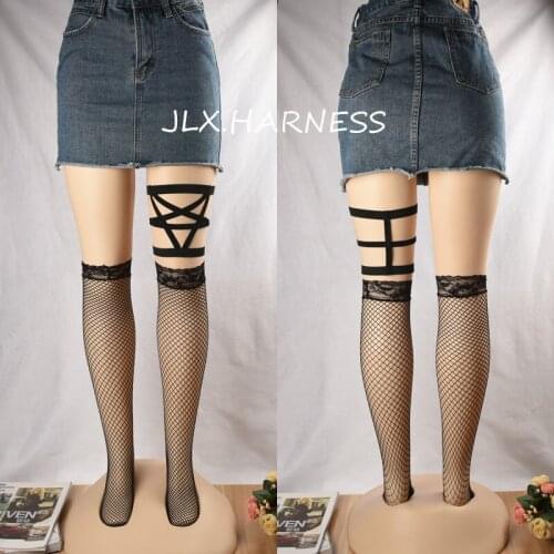 Goth Pentagram Harness Pentagram Shape Leg Garters Suspenders Women Sexy Stockings Garters Fetish Wear Body Bondage P0159