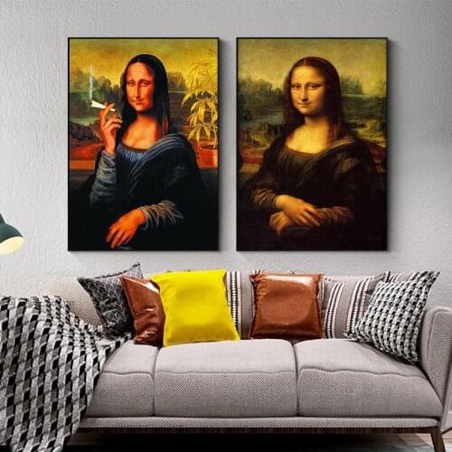 Funny Mona Lisa Drink and Smoking Posters Wall Art Canvas Print Pictures Da Vinci Famous Paintings for Home Living Room Decor