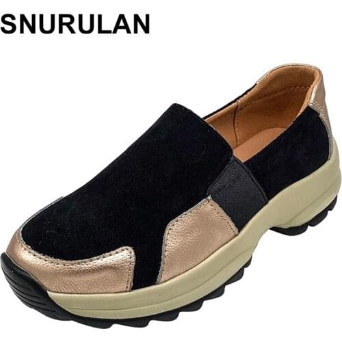 SNURULANWomen Thick Sole Leather Casual Shoes Soft Fashion Sneakers Zapatos Mujer Female Loafer Shoes Big Womens Footwear Autumn