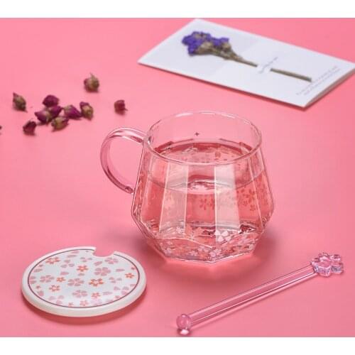 350ML Sakura Diamond Cut Glass Cup With Stirring Stick Cup Lid Coffee Milk Cup Set Kitchen Tea Drinking Set Office Water Cup