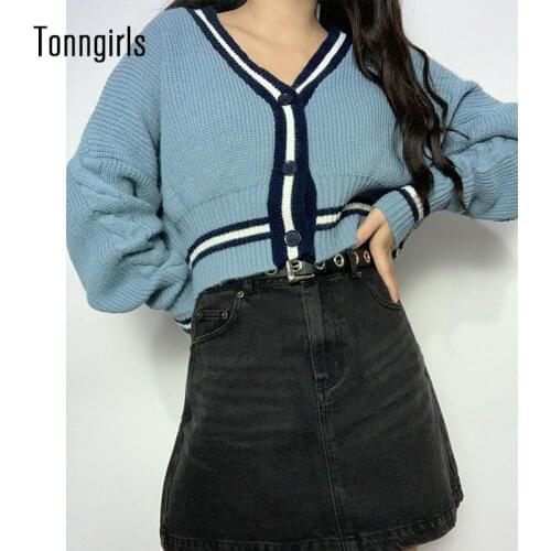 Tonngirls Vintage Cardigan Women Long Sleeve Knitted Sweater Cardigan Streetwear Blue Winter Cardigan Elastic Outfit Sweater
