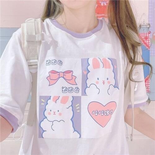 Japanese Sweet Lolita T-shirt Summer Women Kawaii Bunny Print Short Sleeve Tops Soft Sister Girls Cartoon Rabbit Oversize Tshirt