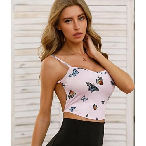 Women Casual T-shirt Crop Top / Suspender Tie-dyed/Butterfly Printed Casual Tank Tops Backless Vest Pattern Skinny Clubwear