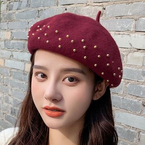 Women Berets 2021 New Metal Nail Drill Wool Painter Hats Cute Female Bonnet Caps Ladies Autumn Winter Warm Walking Hat Casquette