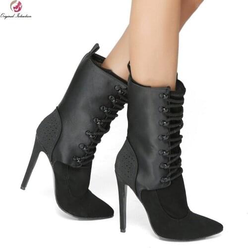 Women Thin Heels Mid Calf Boots Woman Shoes Autumn Winter Cross Tied Elastic Band Boots Female Pointed Toe Boots Lasdies Fashion