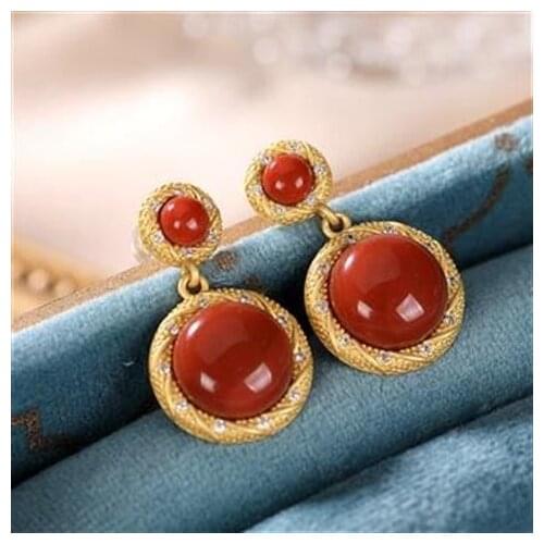 Natural South Red round Earrings S925 Sterling Silver Inlaid Southern Red Agate Earrings for Women Retro Hong Kong Style Golden