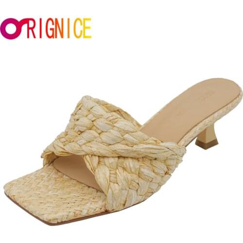 Orignice Summer Violet Raffia Woven Mid Heels Sandals Slippers Brand Design Square Peep Toe All Match Street Ladies Party Shoes