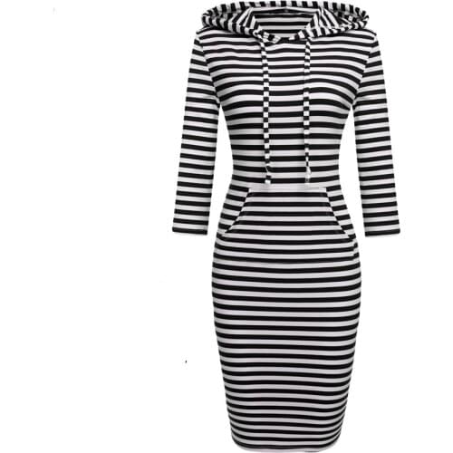 Women Striped Hoody Hoodie Hooded with Pockets Spring Autumn Wear Bodycon Soft Elasticity Casual Pencil Dress