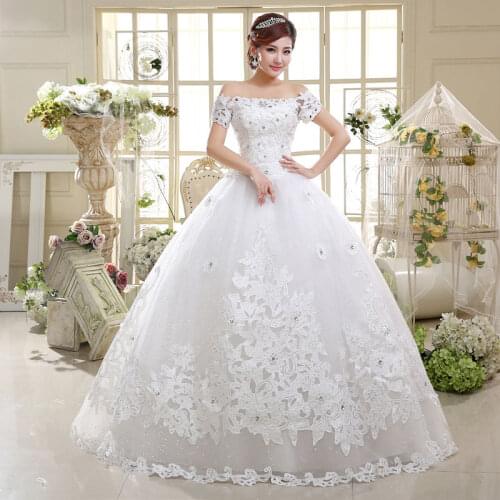 Wedding Dress Illusion Boat-Neck Short Lace Tulle Sequined Crystal Backless Off The Shoulder Floor-Length Women Bride Gown GB066