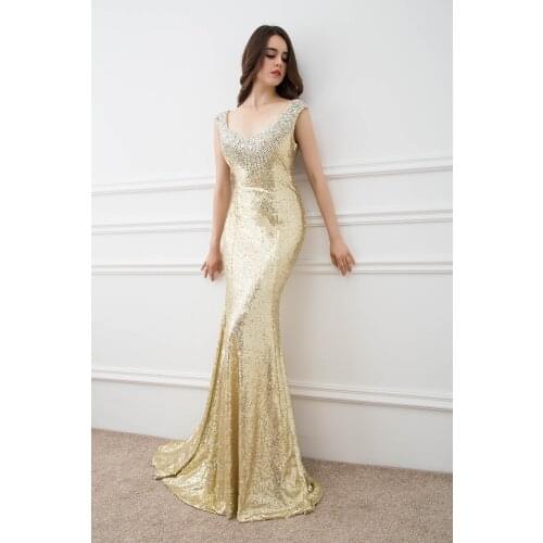 Gold Sequin Prom Dresses with Crystal Beaded Custom made Trumpet Sexy Woman Sheer Back Evening Party Gowns Long