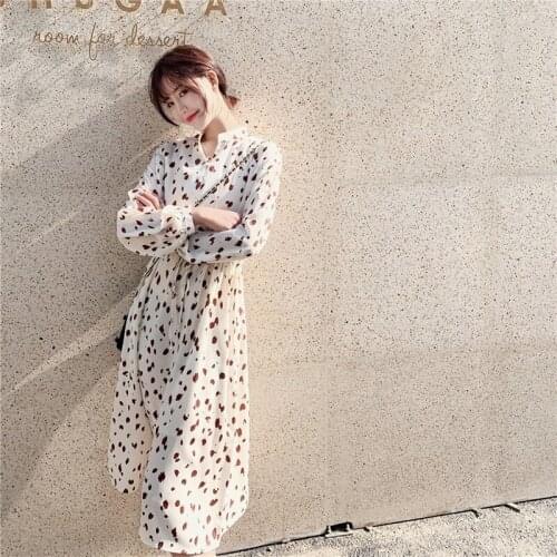 2021 Spring Women Floral Printed Chiffon Dress Stand Neck Slim Fit Long Dress Korean Vestidos Casual A-Line Draw String Office