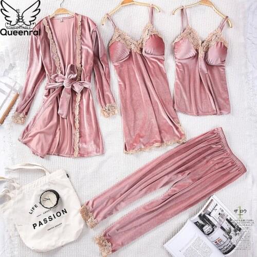 Queenral 4PCS Winter Pajamas Sets For Women Sleepwear Lingerie pyjamas Gold Velvet Warm Pijamas Sexy Lace Robe Pajamas Nightwear