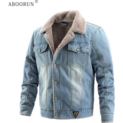 ABOORUN Mens Casual Woolen Denim Jacket Pure Cotton Warm Jean Coat High Quality Winter Outerwear for Male