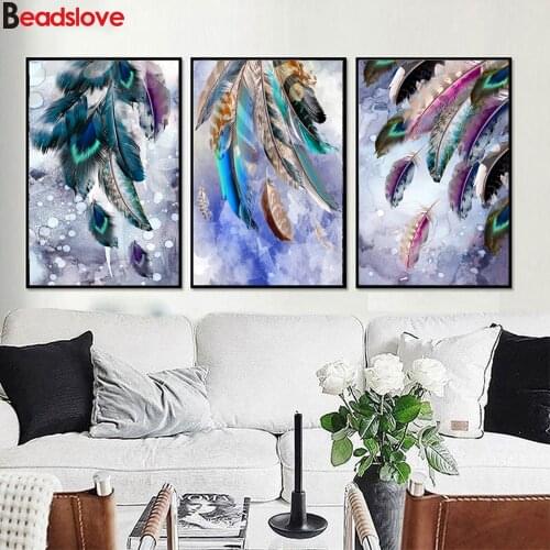 Diamond Painting Triptych Feathers Peacocks Beautiful Animals Handmade crafts DIY Diamond Embroidery Mosaic Rhinestone Picture