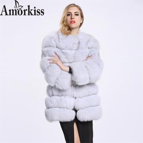 Amorkiss High Quality Furry Cropped Faux Fur Coats Womens Winter Long Fox Fur Stitching Warm Plush Coat