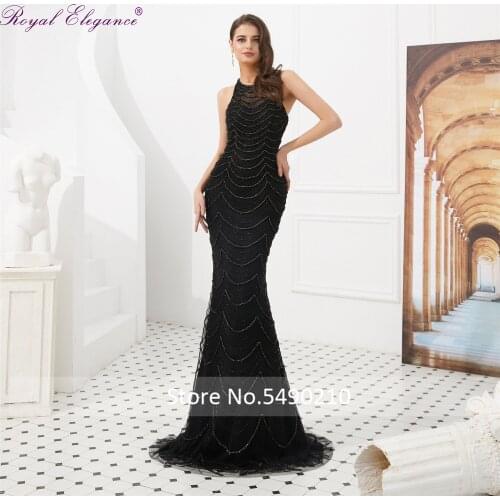 Royal Elegance Black Evening Dress Beaded Mermaid robe soiré Illusion Back Factory Made Prom dress