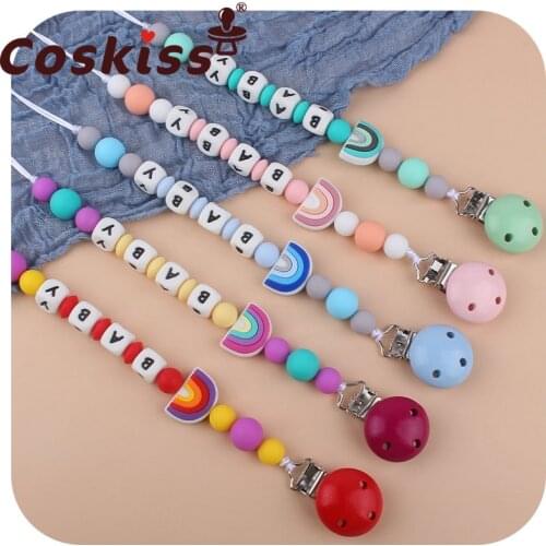 Coskiss Rainbow Silicone Pacifier Clip Baby Customized Name Teether Beads BPA Free Silicone Chain Kids Handmade Toys For Baby