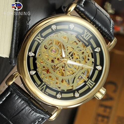 Forsining Mens Automatic Mechanical Watch Classic Golden Openwork Dial Black Genuine Leather Strap Transparent Case Wrist Watch