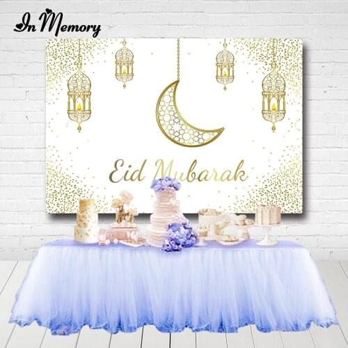 InMemory Ramadan Kareem Background Eid Mubarak Golden Sand Moon Islamic Hanging Lamps Backdrop White Vinyl Photophone Wallpaper