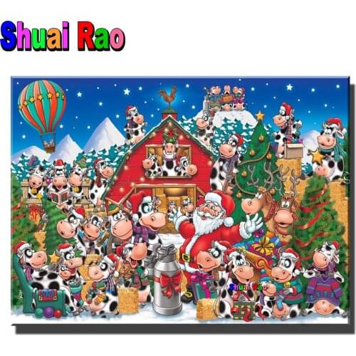 Santa Claus Cow Full Square/Round Diamond Painting Christmas Patterns Snow Farmhouse Diamond Mosaic of New Year Diy Painting
