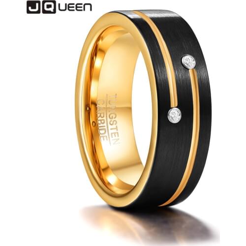 JQUEEN Men Ring 8mm Black Tungsten Steel Ring with Two Gold Grooves Inlaid with 2 Zircons Rings Male Jewelry