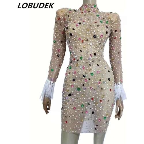 Colorful Rhinestones Pearl Mesh Short Dress Sexy Elegant Stage Show Birthday Prom One Piece Nightclub Bar Women Singer Costume