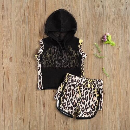 Girl’s Summer Three Piece Set Fashion Leopard Suspender Tops, Mesh Hoodie and Short Pants