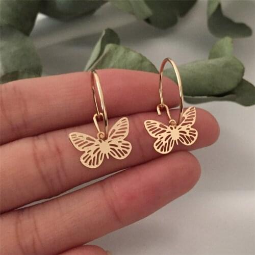 Lovely Cute Gold Color Plating Thin Butterfly Filigree Charm Mini Hoop Earrings For Women Girl Lady Gift Super Cute Decoration