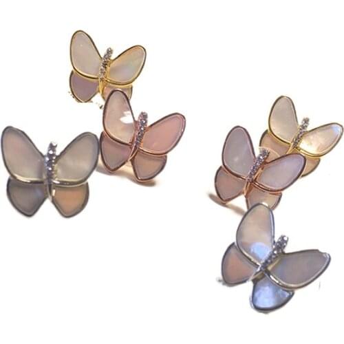 Fashion White Shell Butterfly With Stone CZ Yellow Gold Color / Silver Color / Rose Gold Color Copper Stud Earrings