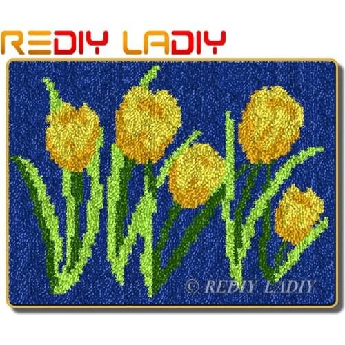 Latch Hook Rug Kits Crocheting Carpet Rug Yellow Tulips Acrylic Yarn Pre-Printed Canvas Cushion Mat Crochet Wall Tapestry Crafts