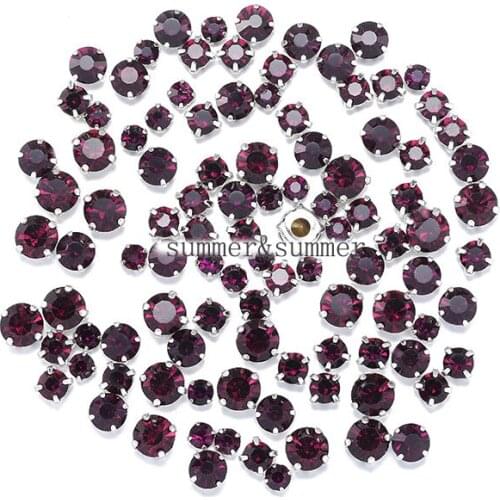 NEW ! MIX Size/some Size Deep Purple 4mm-8mm Glass Sew-on Rhinestones Silver or Gold Bottom DIY Womens Dresses 50pcs-200pcs