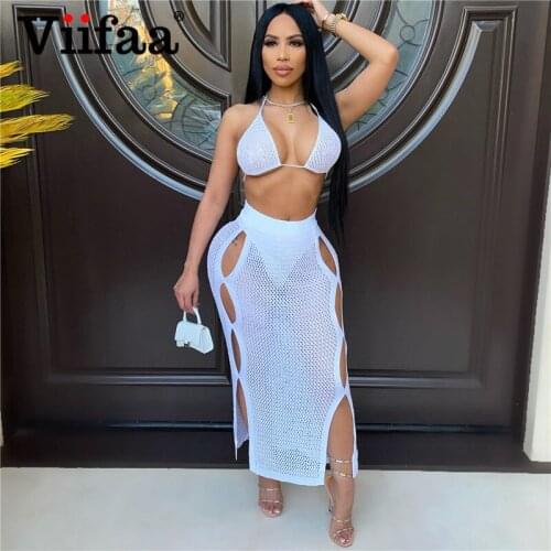 Viifaa Vacation Outfits Beach Knitted Matching Sets Halter Top and Cut Out Maxi Skirt Women 2021 Sexy Club Two Piece Set