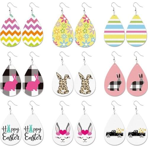 Rabbit Easter Printed Plaid Leather Drop Earrings Female Creativity Cute Cartoon Dangle Earrings Fashion Jewelry Gifts Wholesale