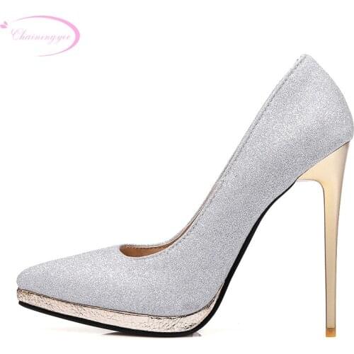 Chainingyee nightclub sexy pointed toe pumps comfortable slip-on platform glitter gold silver purple high-heeled womens shoes
