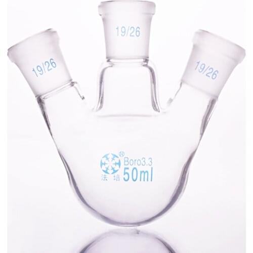 Three-necked flask oblique shape,with three necks standard grinding mouth,Capacity 50ml,Middle joint 19/26,lateral joint 19/26
