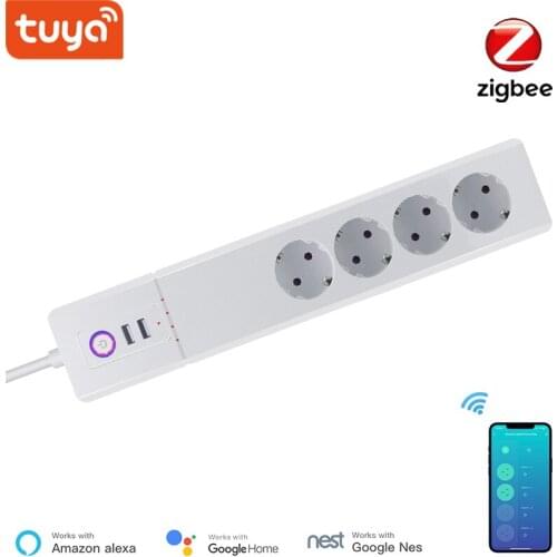 Tuya WiFi Smart Surge Protector , EU Zigbee Outlet With 4 Plugs and 2 USB Port , Individual Control,Works With Alexa Google Home