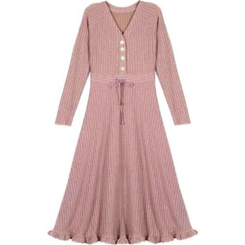PERHAPS U Pink V Neck Button Long Sleeve Fit And Flare Knitted Dress Midi Ruffle Autumn Winter Elegant Solid D0746