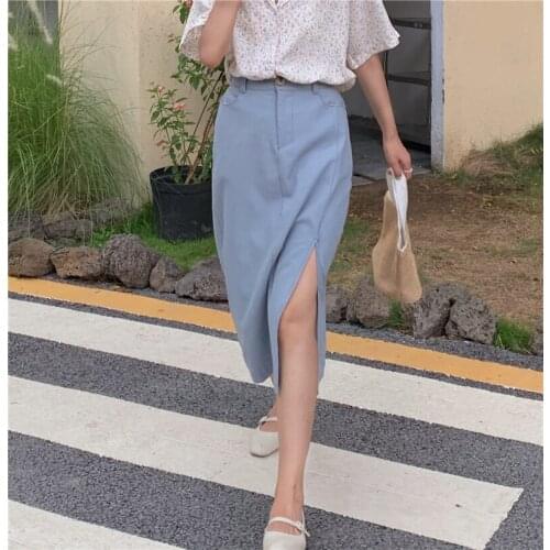 New 2021 Womens Skirts Summer Autumn A-Line Vintage High Waist Split Sexy Fashion Pockets Wild Long Skirts Dropshipping