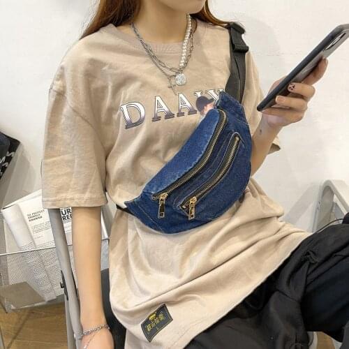 Womens retro denim waist bag 2021 fashion personality zipper all-match messenger bag fanny packs for women fashionable