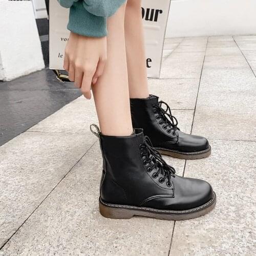 New Autumn Winter Ankle Boots for Women Shoes Woman Solid Black Leather Boots Thick Bottom Platform Motorcycle Boots Plus Size