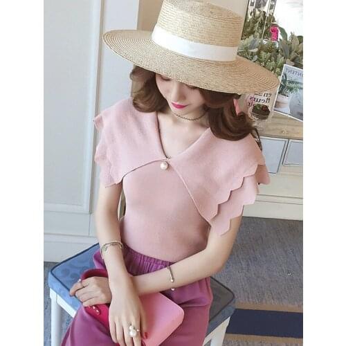 Summer Korean lady Slim V-neck ruffled solid color beaded sweater sleeveless female yellow,black,pink,khaki,free size