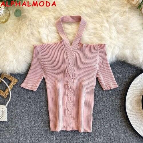 ALPHALMODA 2020 Summer Halter Neck Pullovers Twisted Short-sleeved Solid Sweater Sexy Casual Slim Women Jumper Knit Top